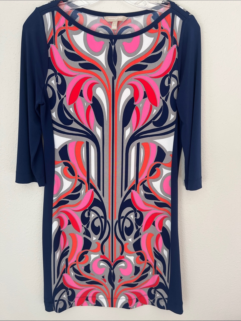 Banana Republic Navy Shift Dress with Pink and Coral Graphic Front